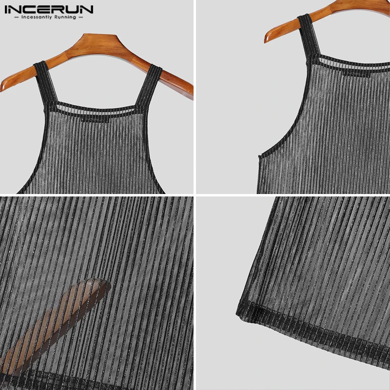 INCERUN Tops 2025 American Style Fashion Men Sparkling Fabric Stripe Perspective Mesh Vests Casual Clubwear Male Thin Tank Tops - Image 4