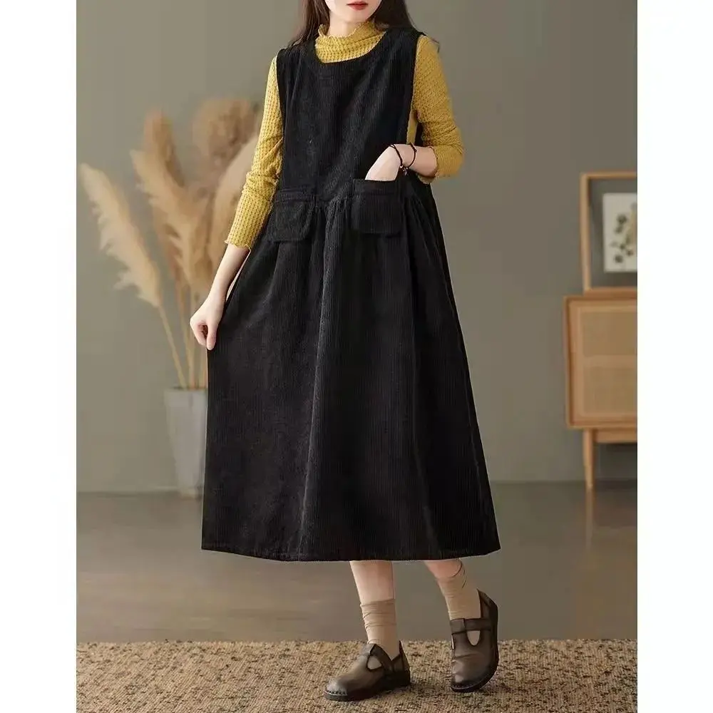 Corduroy Strap Dress for Women 2024 Autumn/Winter New Style Retro Style Small Loose Medium Length Tank Top Skirt - Image 3
