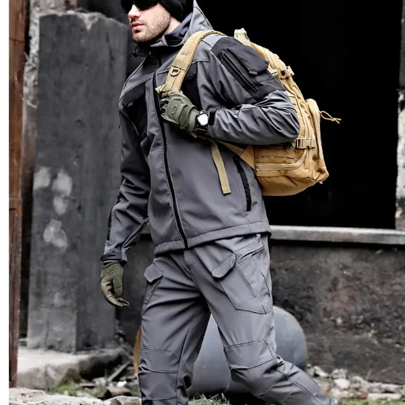 Mens Thicken Tactical Set Windproof Waterproof Outdoor Suit Soft Shell Multi-Pocket Hooded Jackets+Fleece Work Pants 2-piece - Image 4
