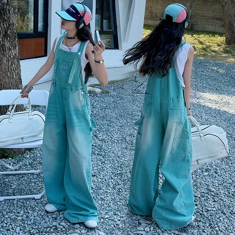 summer teen girls water washed punk wide leg jumpsuit junior kids loose slimming casual Cowboy overalls 4-14 child ropa trousers - Image 3