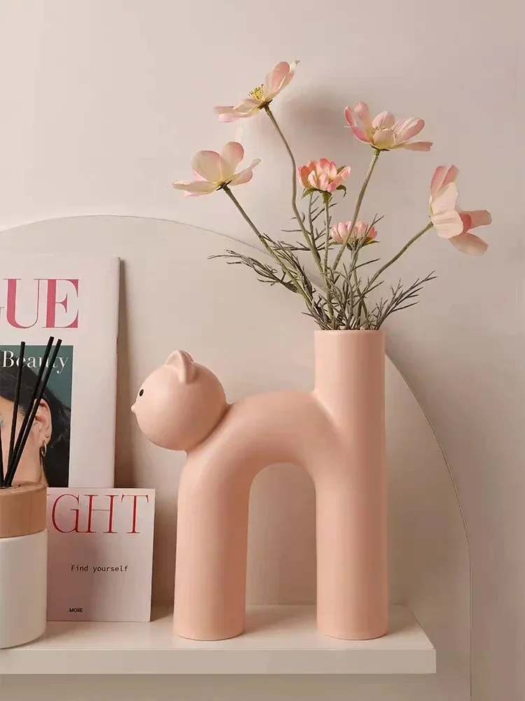 Ceramic Flower Vase H-shaped Cute Tubular Kawaii Cat Vase Room Home Desktop Decoration Room Decor Art Ornament Gift Flowerpot - Image 6
