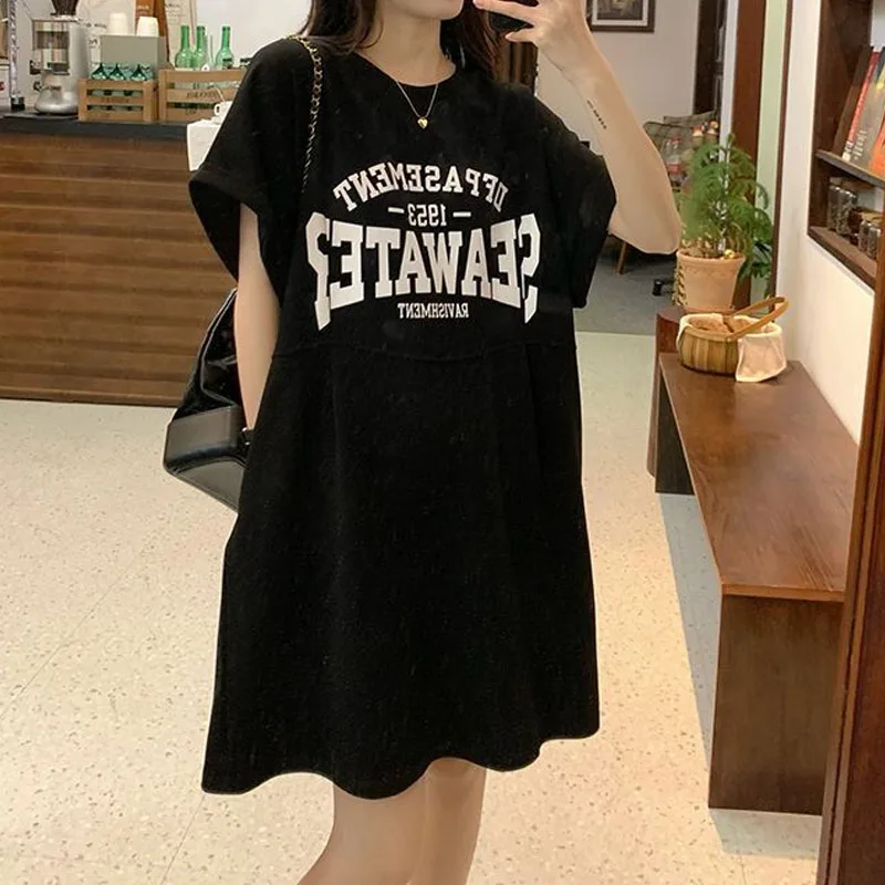 Korean Fashion Letter Printed Dresses Summer Women's Clothing Round Neck Comfortable Casual Short Sleeve Mini Dresses for Female - Image 4