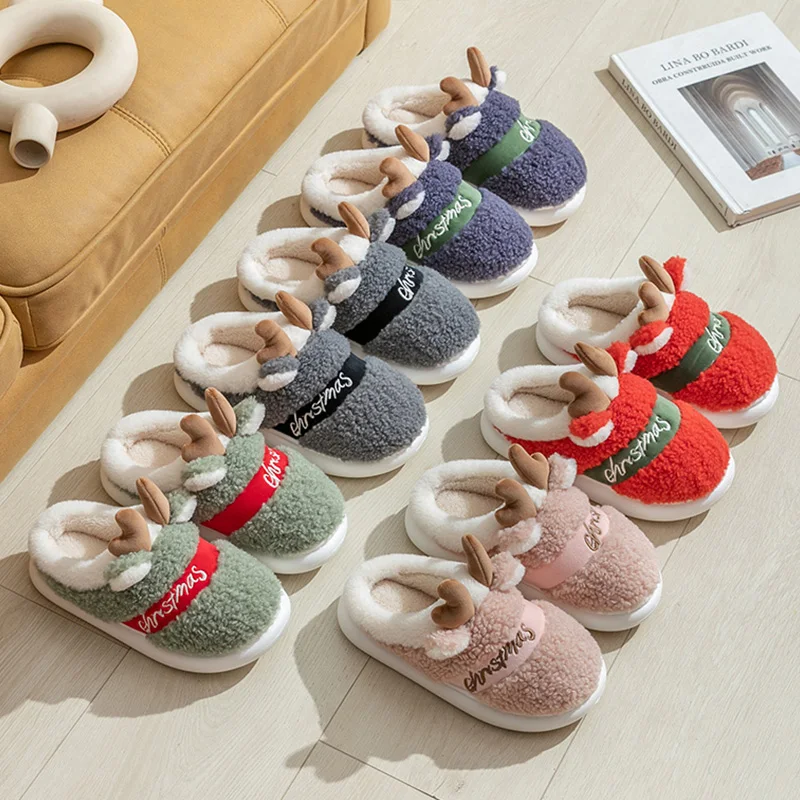 Winter Cotton Warm Plush Fur Antiskid Christmas Slippers Deer Antler Cotton Mops Outdoor Breathable Sole Soft Home Couples Shoes - Image 6