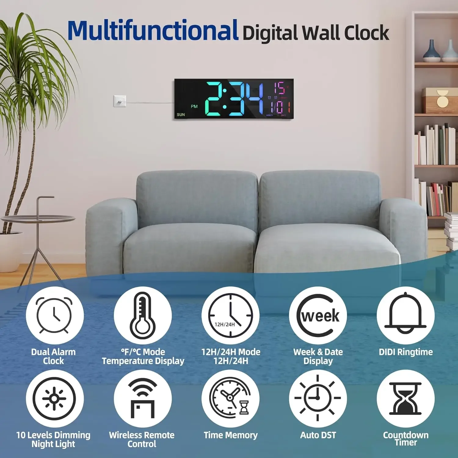 16.2'' Large Digital Wall Clock with Remote Control Big LED/Dual Alarm/8 RGB Colors Digital Alarm Clock Electronic Watch - Image 6