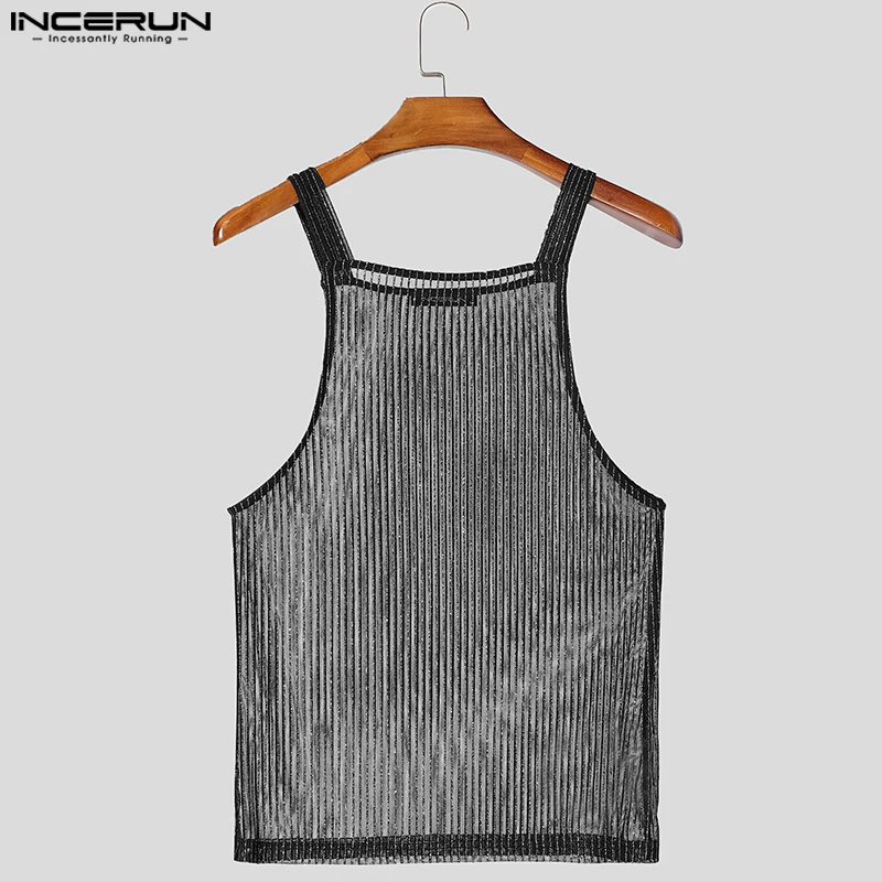 INCERUN Tops 2025 American Style Fashion Men Sparkling Fabric Stripe Perspective Mesh Vests Casual Clubwear Male Thin Tank Tops - Image 3