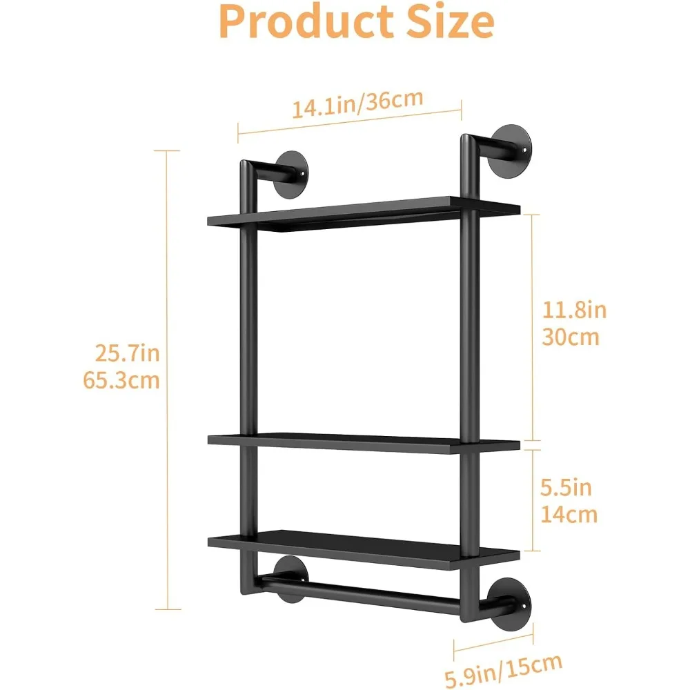 Bathroom Shelves Wall Mounted, 3 Tier Towel Racks with Towel Bar, 26in Stainless Steel Industrial Floating Pipe Shelves Over Toi - Image 2