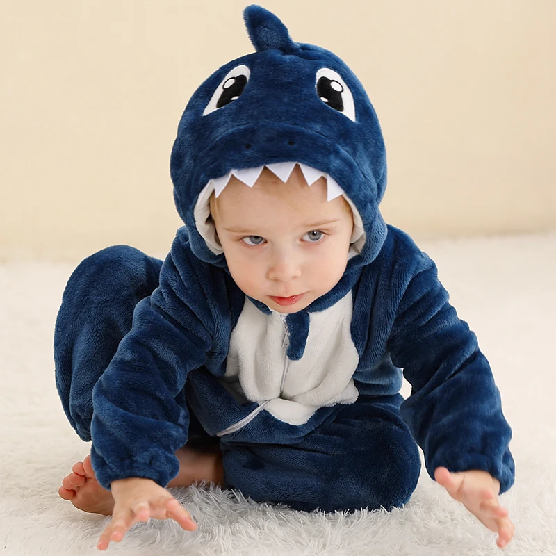 MICHLEY Shark Baby Rompers Winter Hooded Flannel Toddler Infant Clothes Overall Bodysuits Jumpsuit Costume For Kids Carnival - Image 3