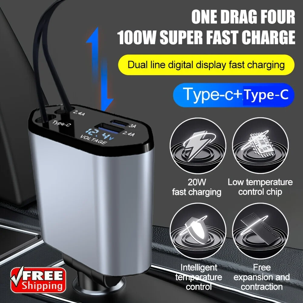 Retractable Car Charger, 100W Super Fast Charger, Car Phone Charger, 4 IN 1 Car Charger with Retractable Cable USB & Type-C Port - Image 5