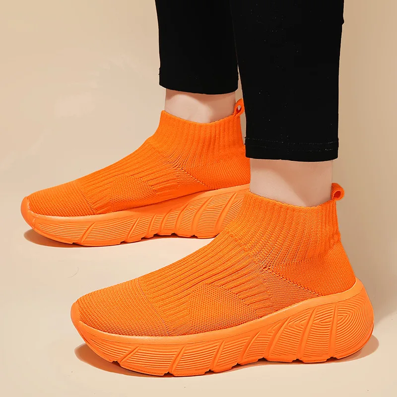 Fashion Orange Women's sports shoes High Top Breathable Knit Men's Running Shoes Platform Sock Shoes For Men Zapatillas De Mujer - Image 2