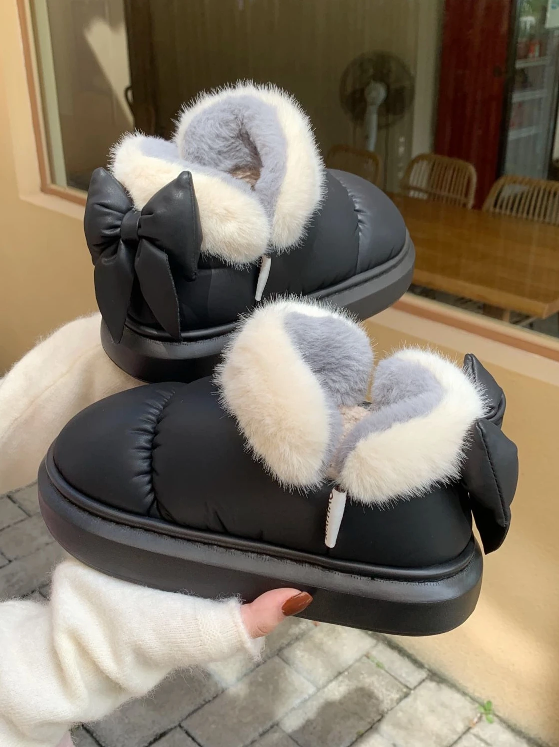 Bow Knot Short Ankle Snow Boots Women Winter Plush And Thick Insulation Waterproof PU Cotton Household Shoes Home Slipper Women - Image 3