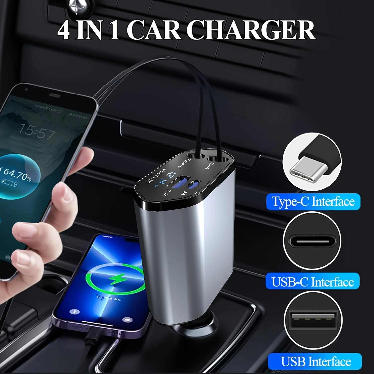 Retractable Car Charger, 100W Super Fast Charger, Car Phone Charger, 4 IN 1 Car Charger with Retractable Cable USB & Type-C Port - Image 2
