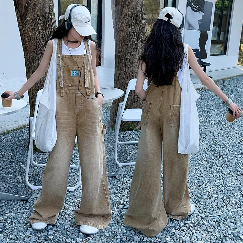 summer teen girls water washed punk wide leg jumpsuit junior kids loose slimming casual Cowboy overalls 4-14 child ropa trousers - Image 2
