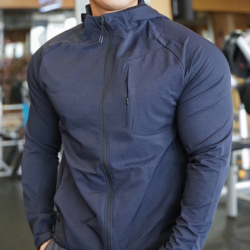 High Quality Nylon Sport Coat Mens Gym Fitness Hoodies Outdoor Workout Tops Hooded Training Running Zipped Jacket Clothes - Image 3