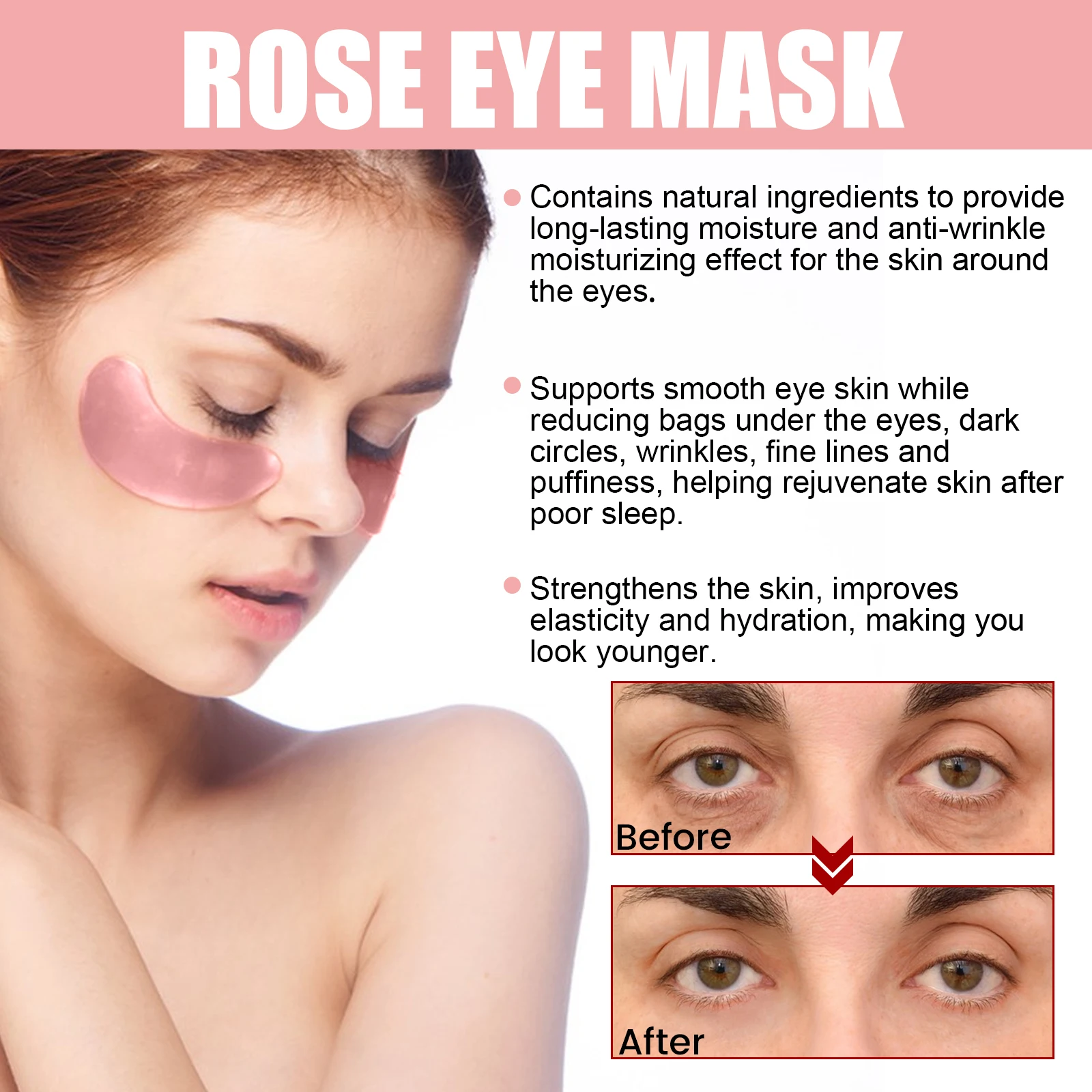 OUHOE 60pcs Rose Eye Mask Fades Fine Lines, Eye Bags, Dark Circles, Moisturizing, Moisturizing, Firming Eye Patch Care Eye Mask - Image 3