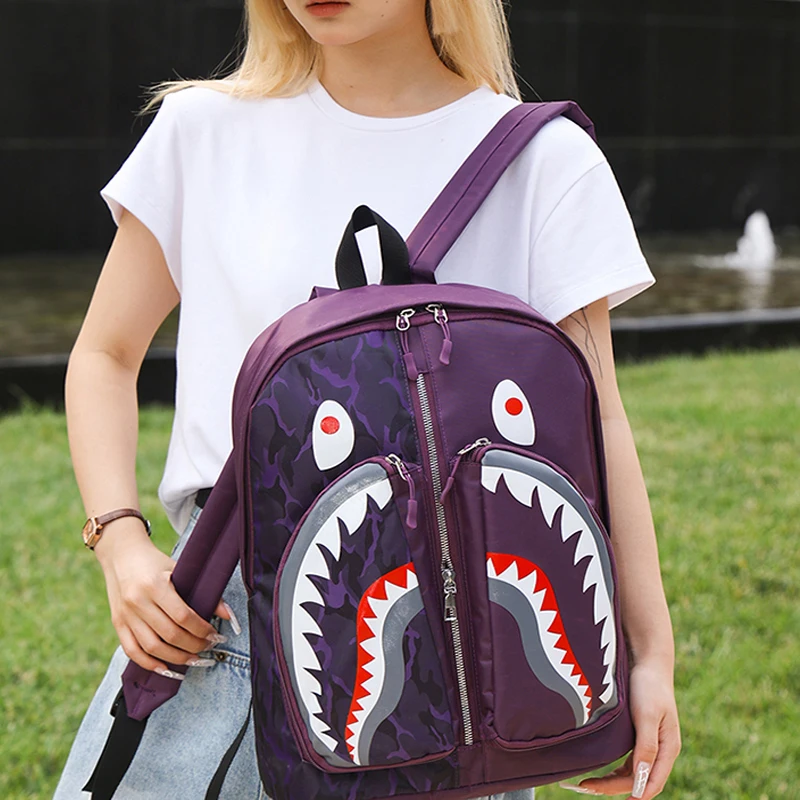 Simple personality fashion shark mouth men's backpack plaid high school student college student school bag computer backpack SAC - Image 2