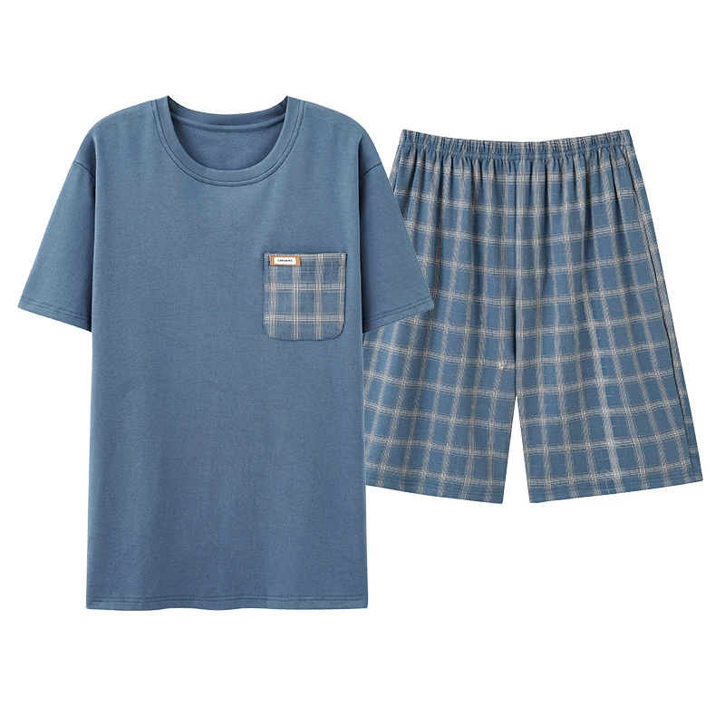 Men Pajamas Short Sleeve Shorts Cotton Plaid O-neck Sleepwear Men Summer Home Clothes Big Yards L-4XL Young Male Homewear Set - Image 3