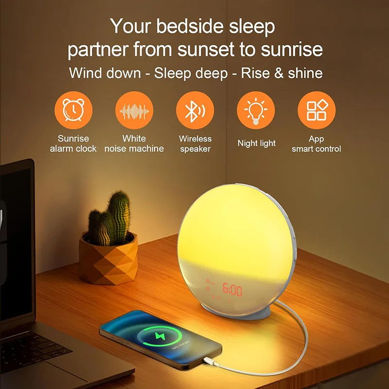 Smart Wake Up Light Alarm Clock Digital Desk Clock with Natural Sounds Bluetooth Speaker APP Control FM Radio Nightlight - Image 4