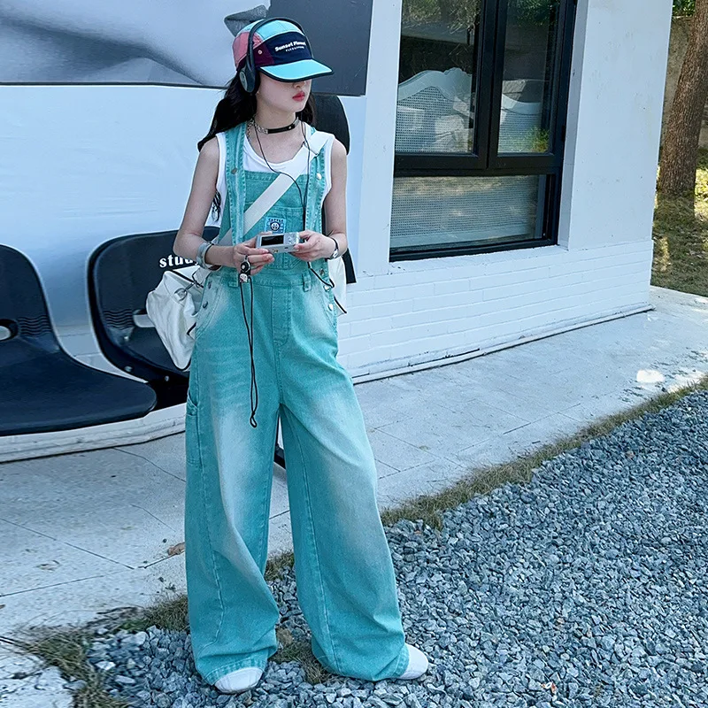 summer teen girls water washed punk wide leg jumpsuit junior kids loose slimming casual Cowboy overalls 4-14 child ropa trousers - Image 4