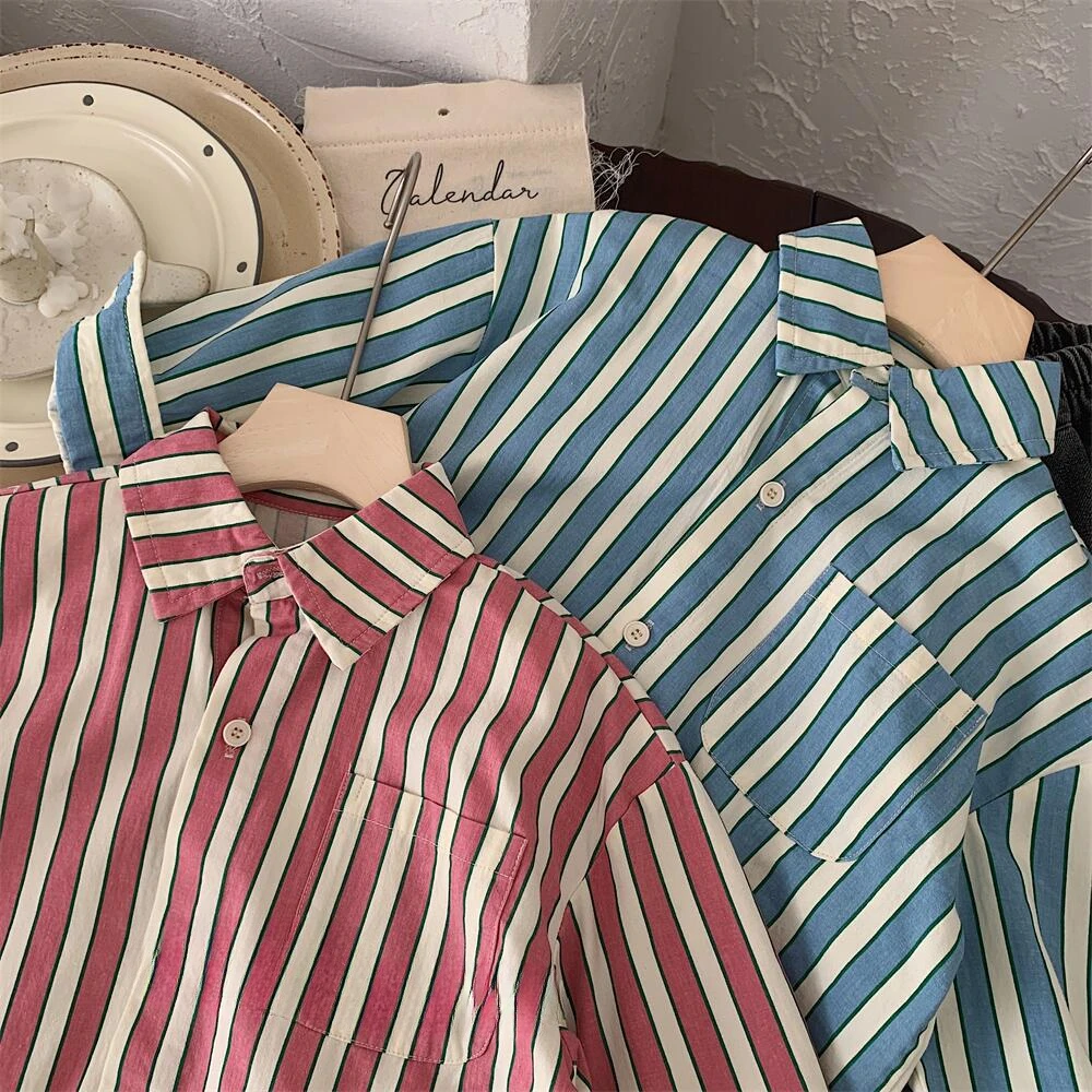 2025 Spring Fall Boys and girls Vertical stripes shirts Kids children turn-down collar casual blouses Tops - Image 3