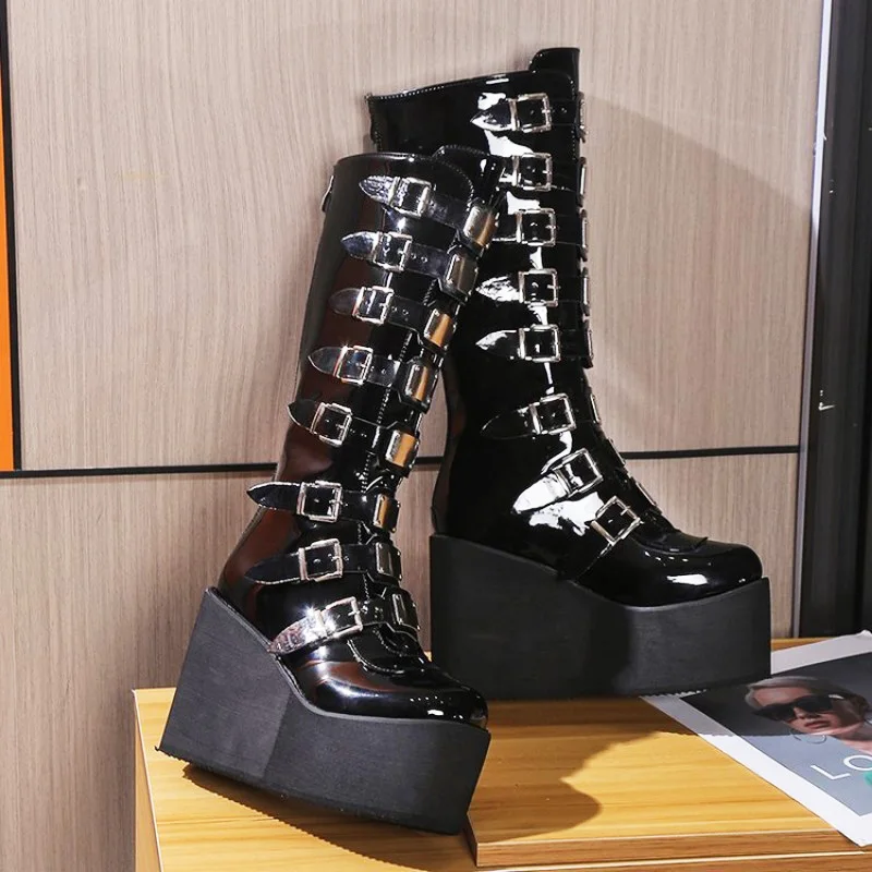 New Women's Cosplay Boots Multi-row Belt Buckle Long Tube Leather Knight Boot Punk Gothic Classic Black High Heel Shoe Knee-High - Image 2