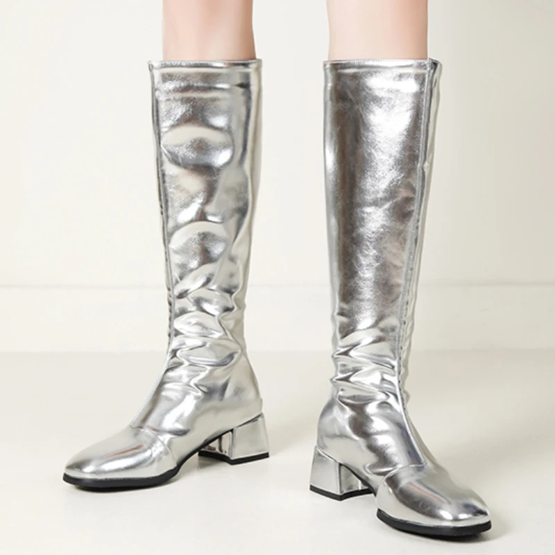 Women's Knee High Boots Winter Shoes 2024 Gold Silver Low Heeled Long Boot Ladies Party Footwear Shoes Large Size 45 Waterproof - Image 4