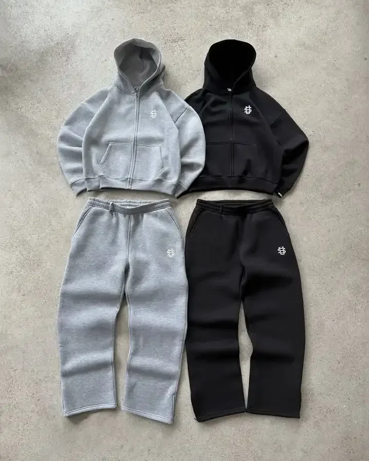 Streetwear Y2K Casual Baggy Sweatshirt Drawstring Sports Pants Zipper Hoodie Letter Embroidery Fashion 2 Piece Set Tracksuit Men - Image 2