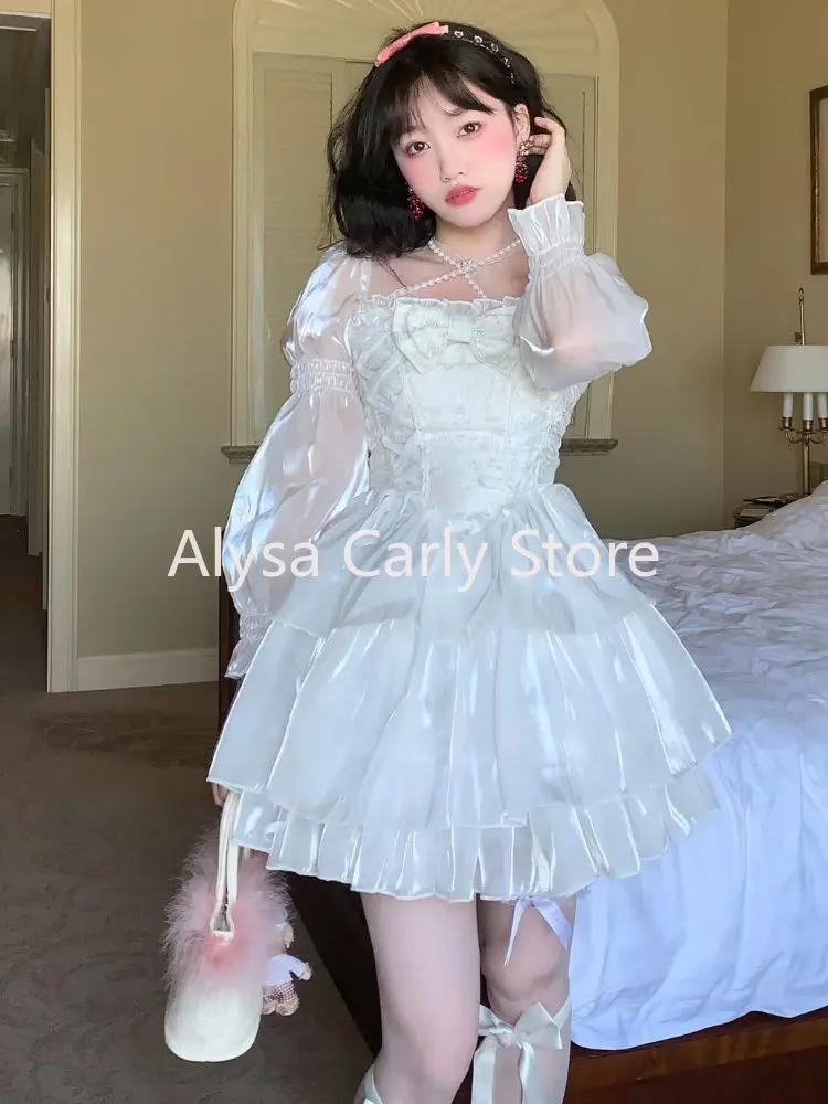 Japanese Sweet Fairy Lolita Dress Women White Mesh Elegant Princess Dress Female Bow Casual Evening Party Dress Summer 2023 Slim - Image 4