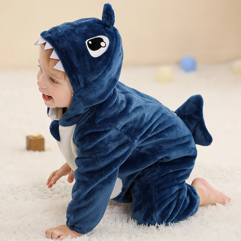 MICHLEY Shark Baby Rompers Winter Hooded Flannel Toddler Infant Clothes Overall Bodysuits Jumpsuit Costume For Kids Carnival - Image 2