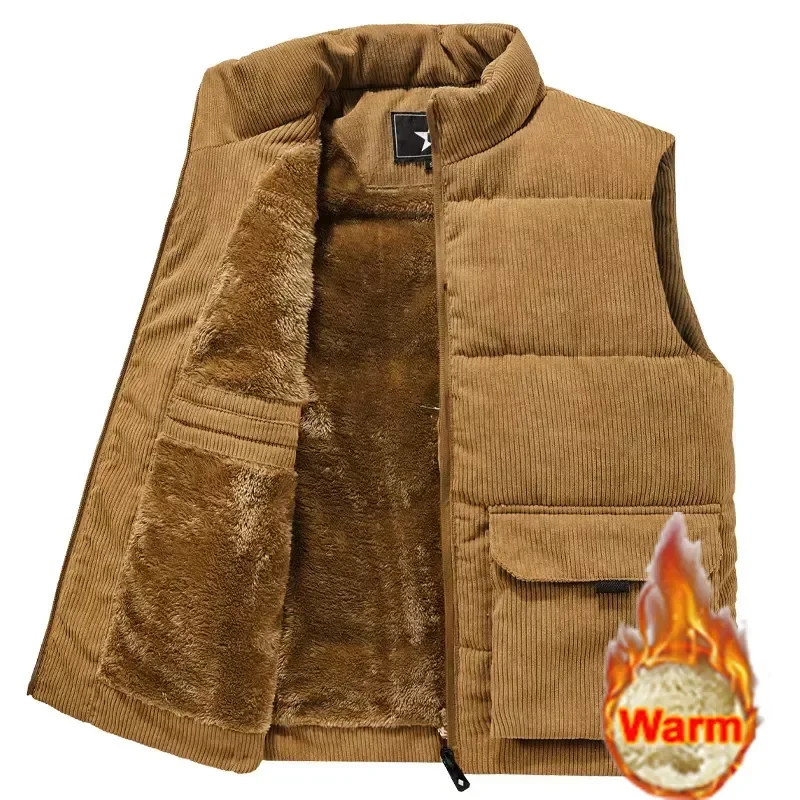 Men Stand Collar Army Thicken Waistcoats Clothing Mens Sleeveless Corduroy Vest Winter Male Classic Fleece Warm Vests Coats - Image 3