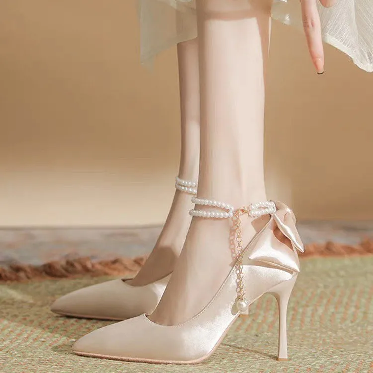 Size 35-40 Stiletto Heel Point Toe Pearls Buckle Belt 9cm High Heel Ladies Bow Satin Fabric White Wedding Shoes Women Pumps - Image 4