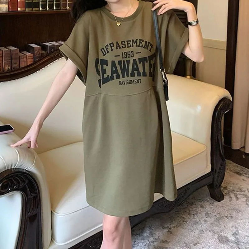 Korean Fashion Letter Printed Dresses Summer Women's Clothing Round Neck Comfortable Casual Short Sleeve Mini Dresses for Female - Image 2