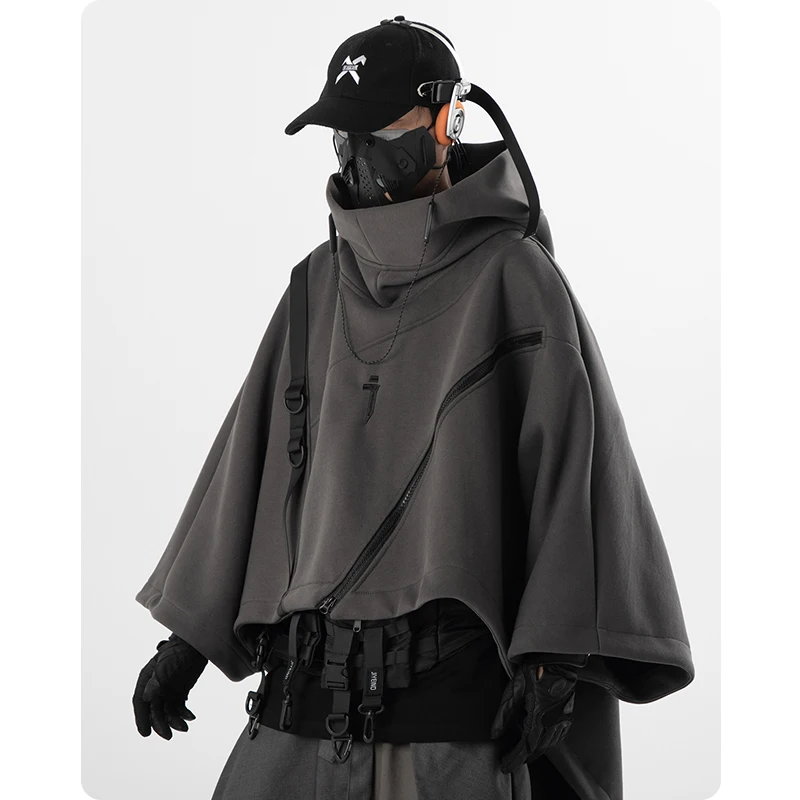 Autumn Irregular Functional Hoodie Zipper Cape Coat Pullover Men's Clothing Harajuku Hooded Sweatshirt High Street Streetwear - Image 2