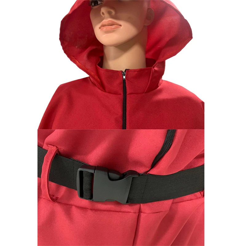 TV Calamari Game Guard Cosplay Costume Red Jumpsuit Outfit Adult Teenagers Tracksuit Hooded Overall Belt Gloves Mask Set Hallowe - Image 2
