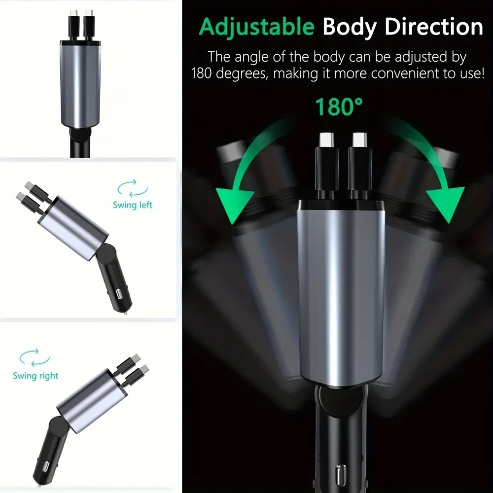 Retractable Car Charger, 100W Super Fast Charger, Car Phone Charger, 4 IN 1 Car Charger with Retractable Cable USB & Type-C Port - Image 6