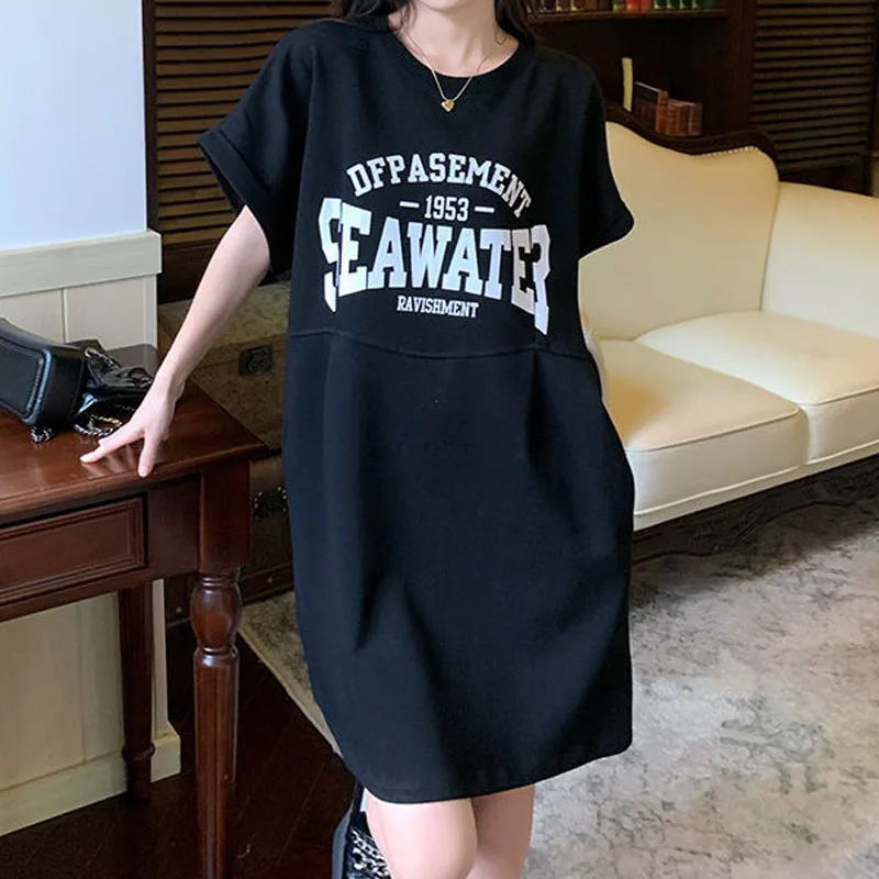 Korean Fashion Letter Printed Dresses Summer Women's Clothing Round Neck Comfortable Casual Short Sleeve Mini Dresses for Female - Image 5