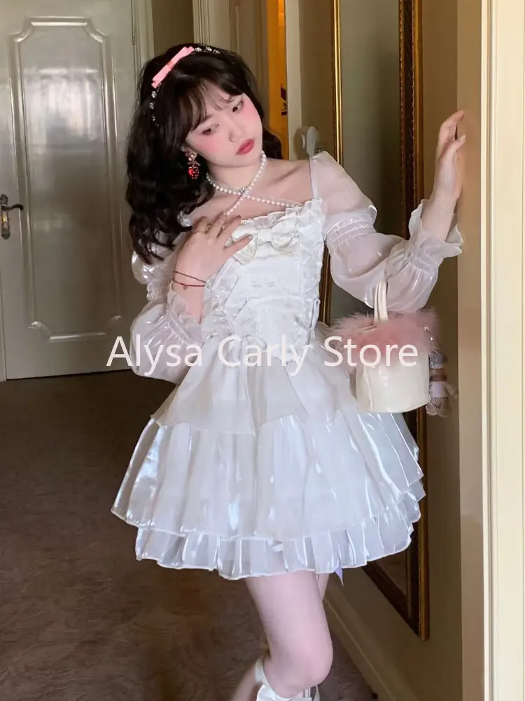 Japanese Sweet Fairy Lolita Dress Women White Mesh Elegant Princess Dress Female Bow Casual Evening Party Dress Summer 2023 Slim - Image 2