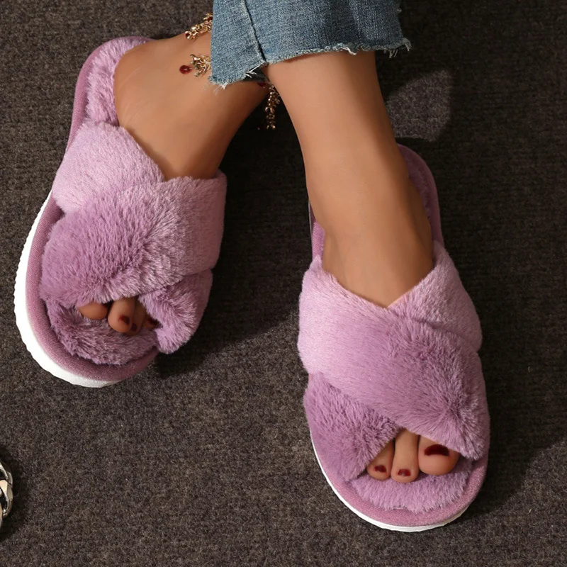 Fashion Cross Strap Fur Slippers Women Indoor Light Warm Plush Home Slippers Woman Faux Fur Flat Heel Couple Slides Plus Size 43 - Image 6