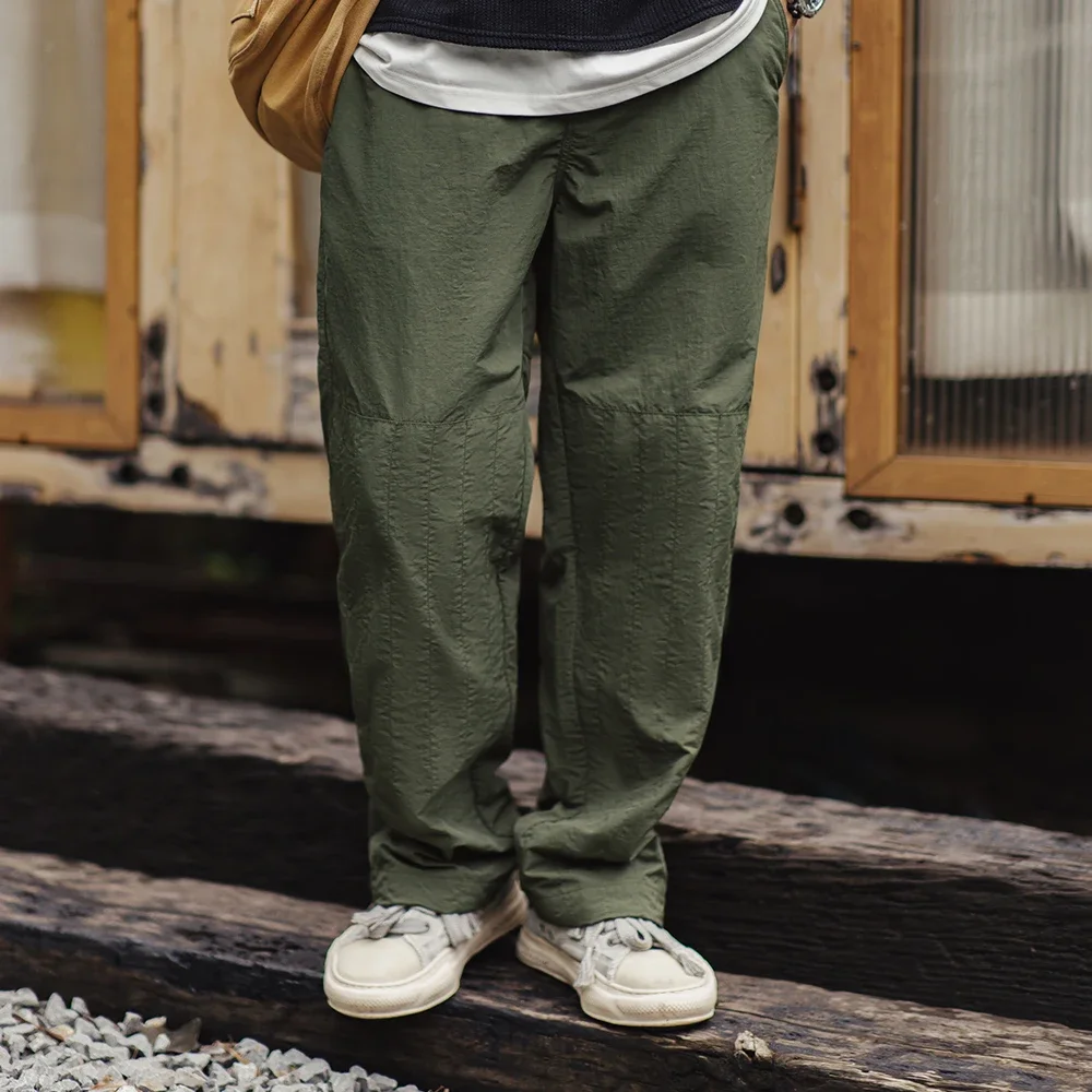 Maden Retro Thin Pants with No Elastic Waist and Braided Hemp Rope Elastic Leg Design Pants Green Straight Casual Pants for Men - Image 3