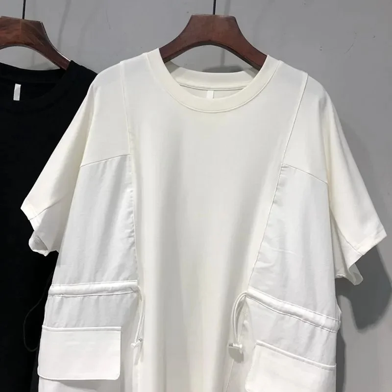 Dresses Fat Extra Large Size 300 g Double Drawstring Waist Stitching Short Sleeve Dress Female Summer Loose Fake Two Skirts 2 - Image 4