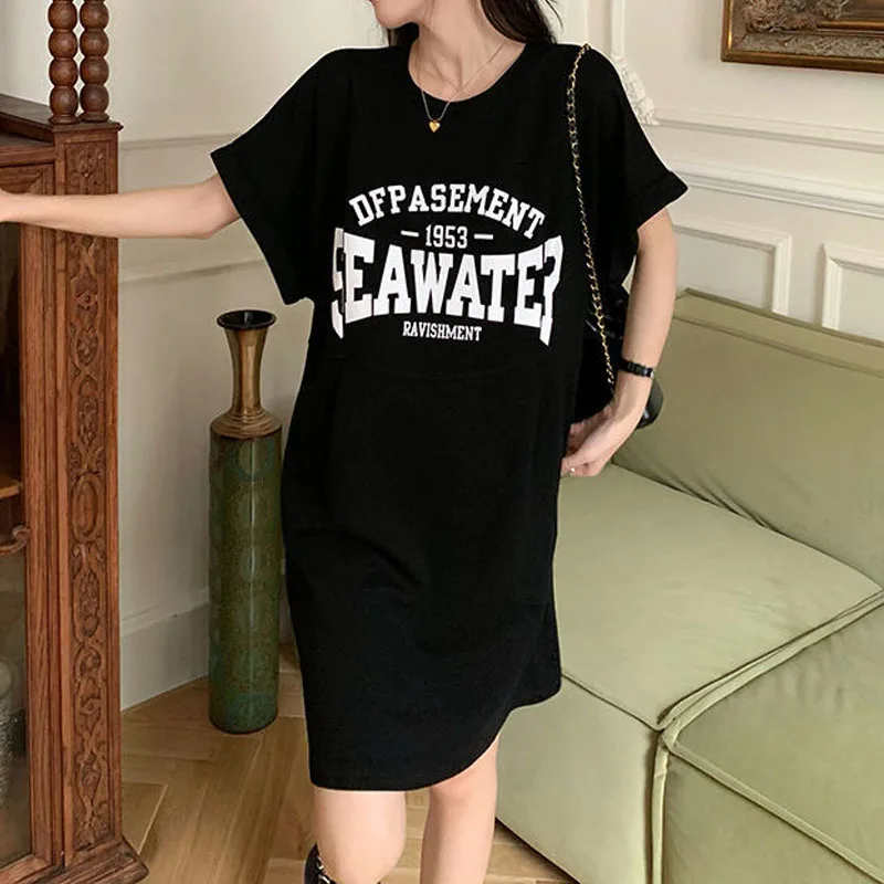 Korean Fashion Letter Printed Dresses Summer Women's Clothing Round Neck Comfortable Casual Short Sleeve Mini Dresses for Female - Image 6