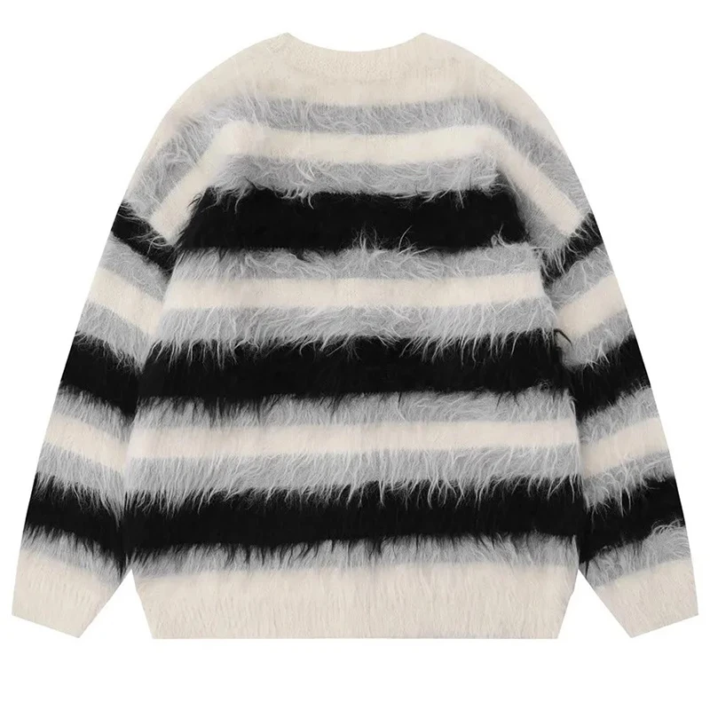 Striped Plush V-neck Sweater Men's Loose Casual Brushed Knit Trendy Couple Versatile Comfortable Harajuku High Street Cardigan - Image 4