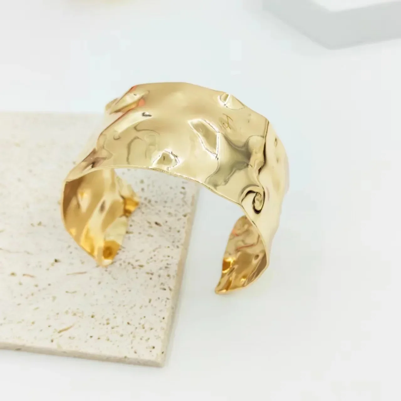 Uworld Textured Gold Cuff Gold Plated Stainless Steel Adjustable Bangele Bracelets for Women Striking Look Minimalist Jewelry - Image 2