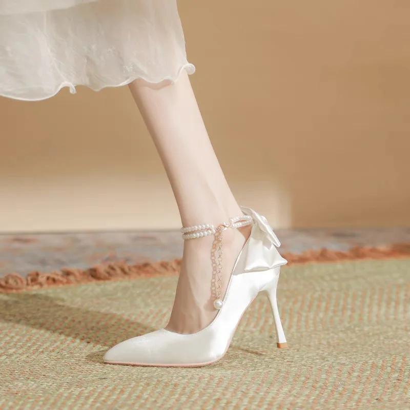 Size 35-40 Stiletto Heel Point Toe Pearls Buckle Belt 9cm High Heel Ladies Bow Satin Fabric White Wedding Shoes Women Pumps - Image 6