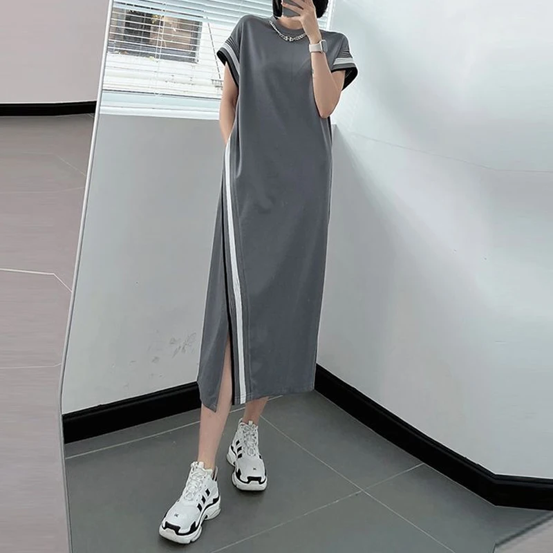 2023 Summer New Korean Style Contrast Color Asymmetrical Ladies Midi Dress Female Short Sleeve Loose Casual Straight Vestidos - Image 2