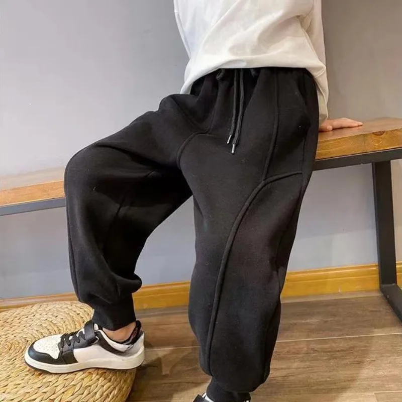 Autumn Kids Boys Solid Sweatpants Ankle Length Harem Pants 3+y Young Children Clothing Winter Girls Fleece Warm Sport Trousers - Image 5