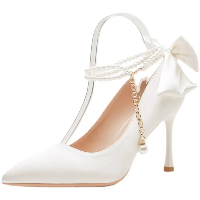 Size 35-40 Stiletto Heel Point Toe Pearls Buckle Belt 9cm High Heel Ladies Bow Satin Fabric White Wedding Shoes Women Pumps - Image 5
