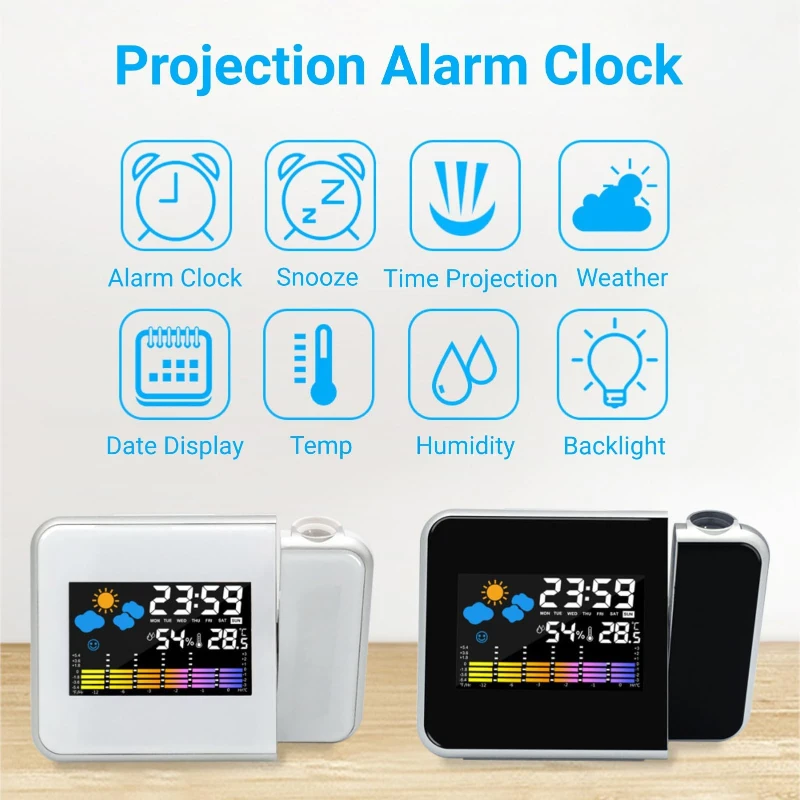 Color Screen Digital Projection Weather Alarm Clock, Electronic LED Adjustable Angle Projection Intelligent Alarm Clock - Image 4
