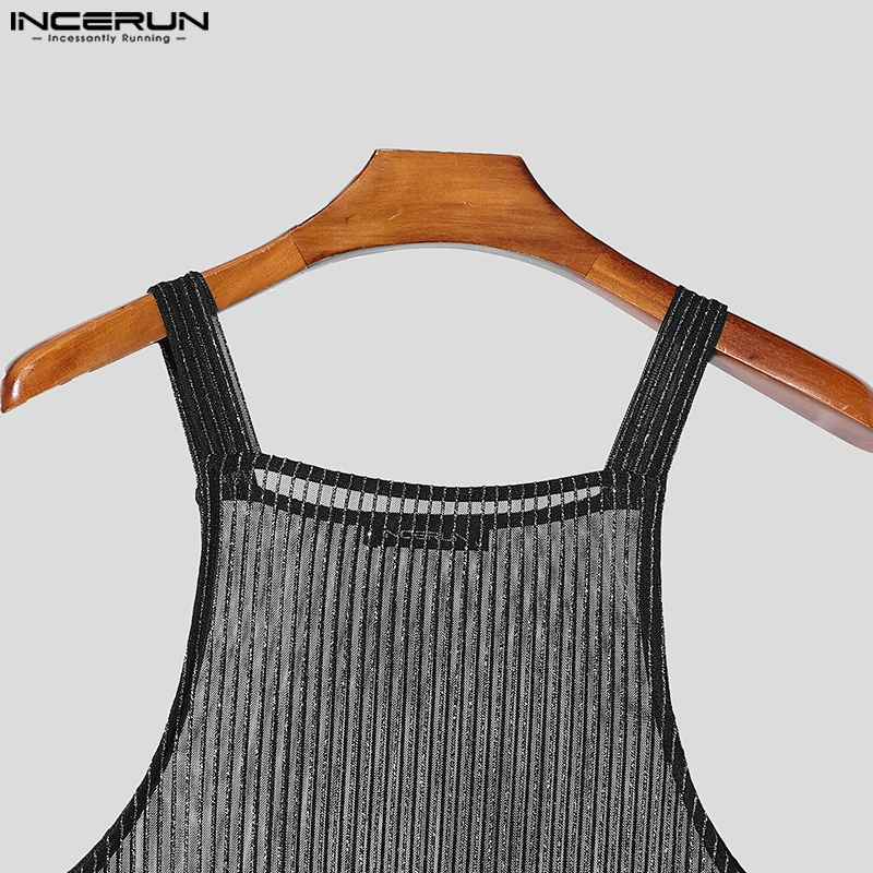 INCERUN Tops 2025 American Style Fashion Men Sparkling Fabric Stripe Perspective Mesh Vests Casual Clubwear Male Thin Tank Tops - Image 5