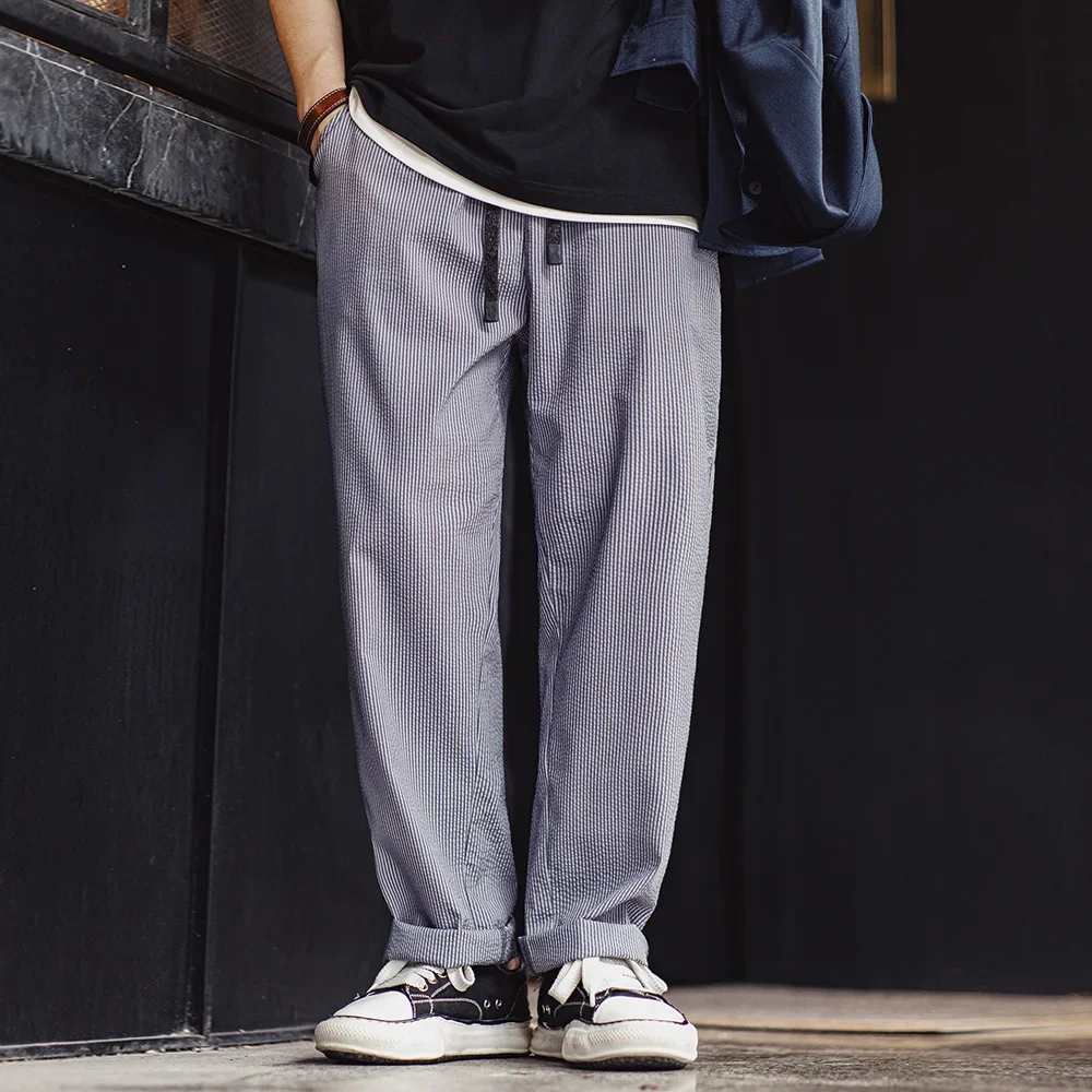 Maden Easypants Seersucker Striped Casual Pants with Elastic Waist And Drawstring Design Iron-free Straight Trousers for Men - Image 2