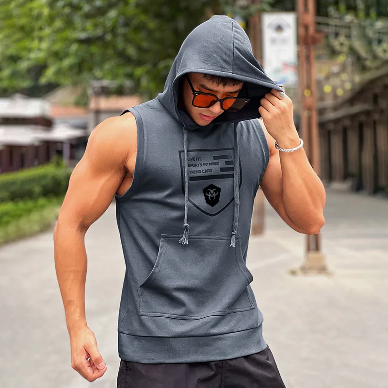 Hooded Print Cotton Gyms Clothing Mens Bodybuilding Tank Top Sleeveless Vest Sweatshirt Fitness Workout Sportswear Tops Male - Image 2